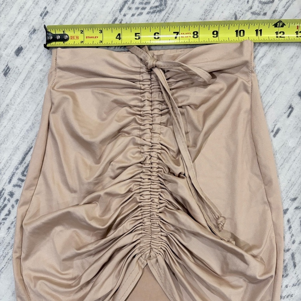 🌟2 for $10 Missy Empire Taupe Tan Satin Ruched Mini Skirt Glam Mobwife S - Picture 6 of 8